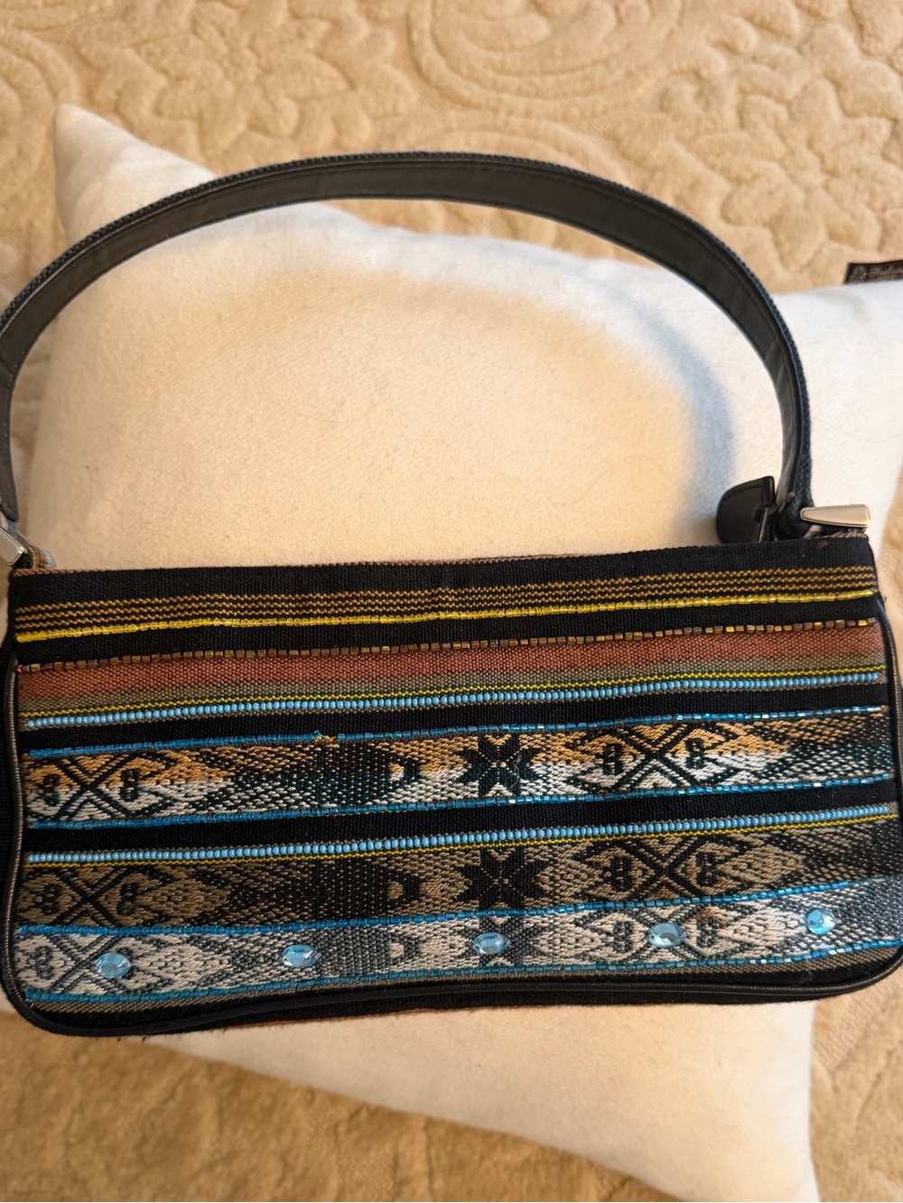 Isabella Fiore Black and Turquoise ikat Pattern small Shoulder Bag EUC Y2k